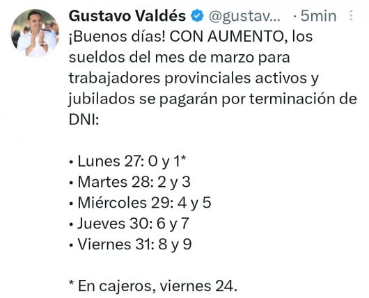 Valdés confirmó días de pago con aumentos y Provincia acumula inversión salarial mensual de 17 mil millones de pes